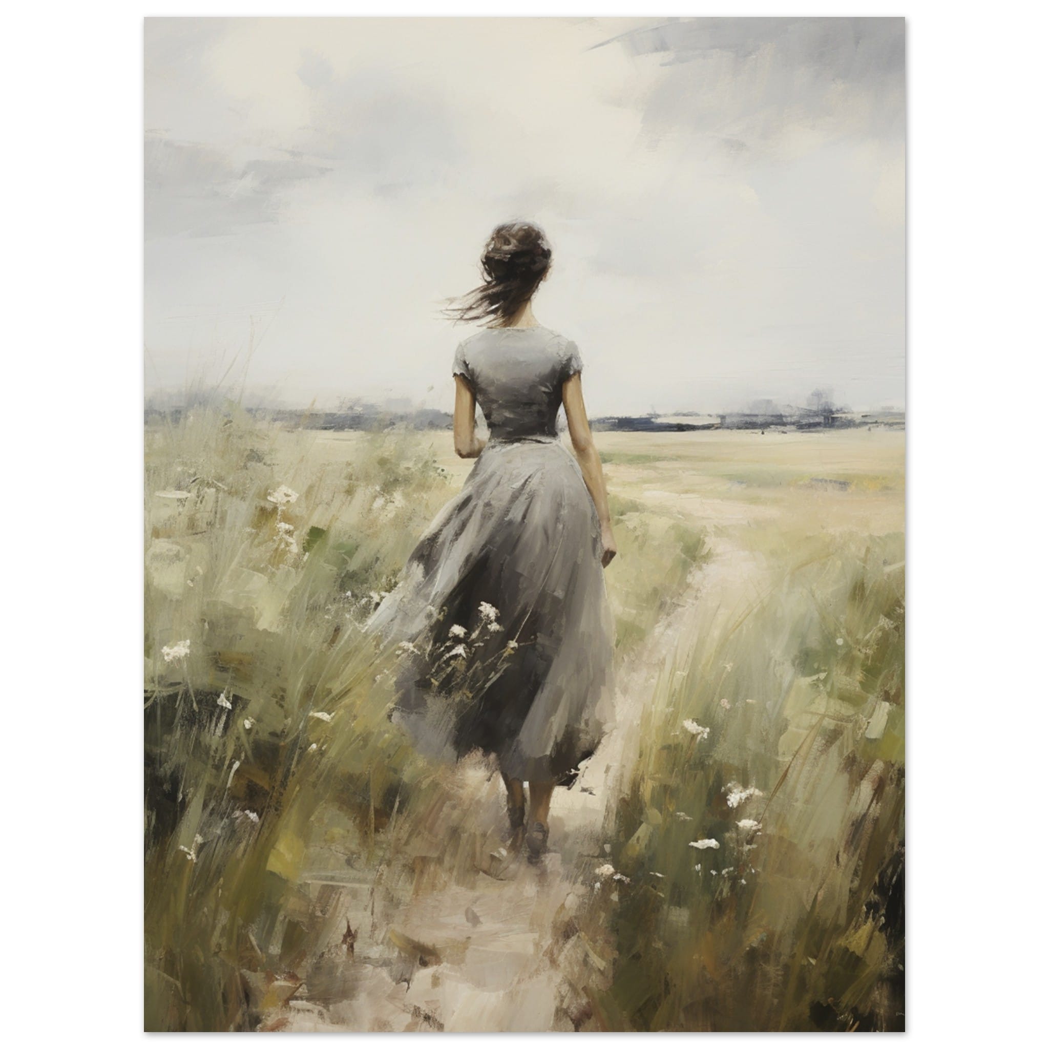 Artfulprints Poster Woman in flowerfield  - 30x40 cm - Groen