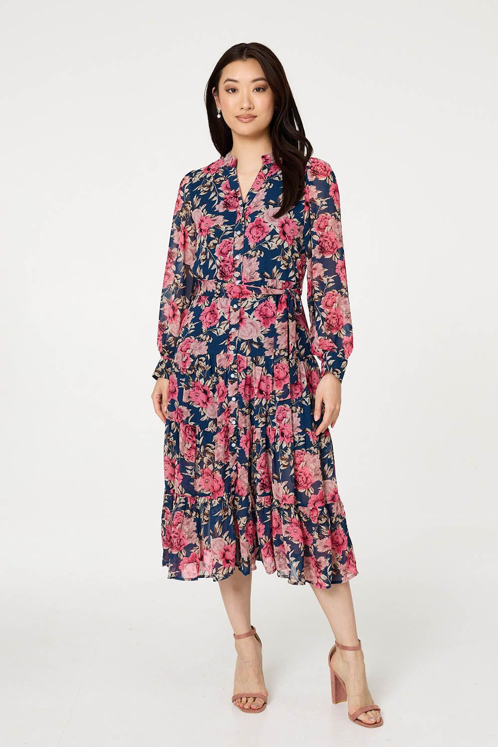 Izabel London Floral Tie Waist Relaxed Tier Midi Dress