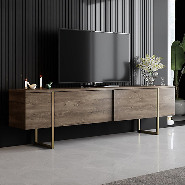 Meuble TV bois et or avec rangement 180 cm - BEARN