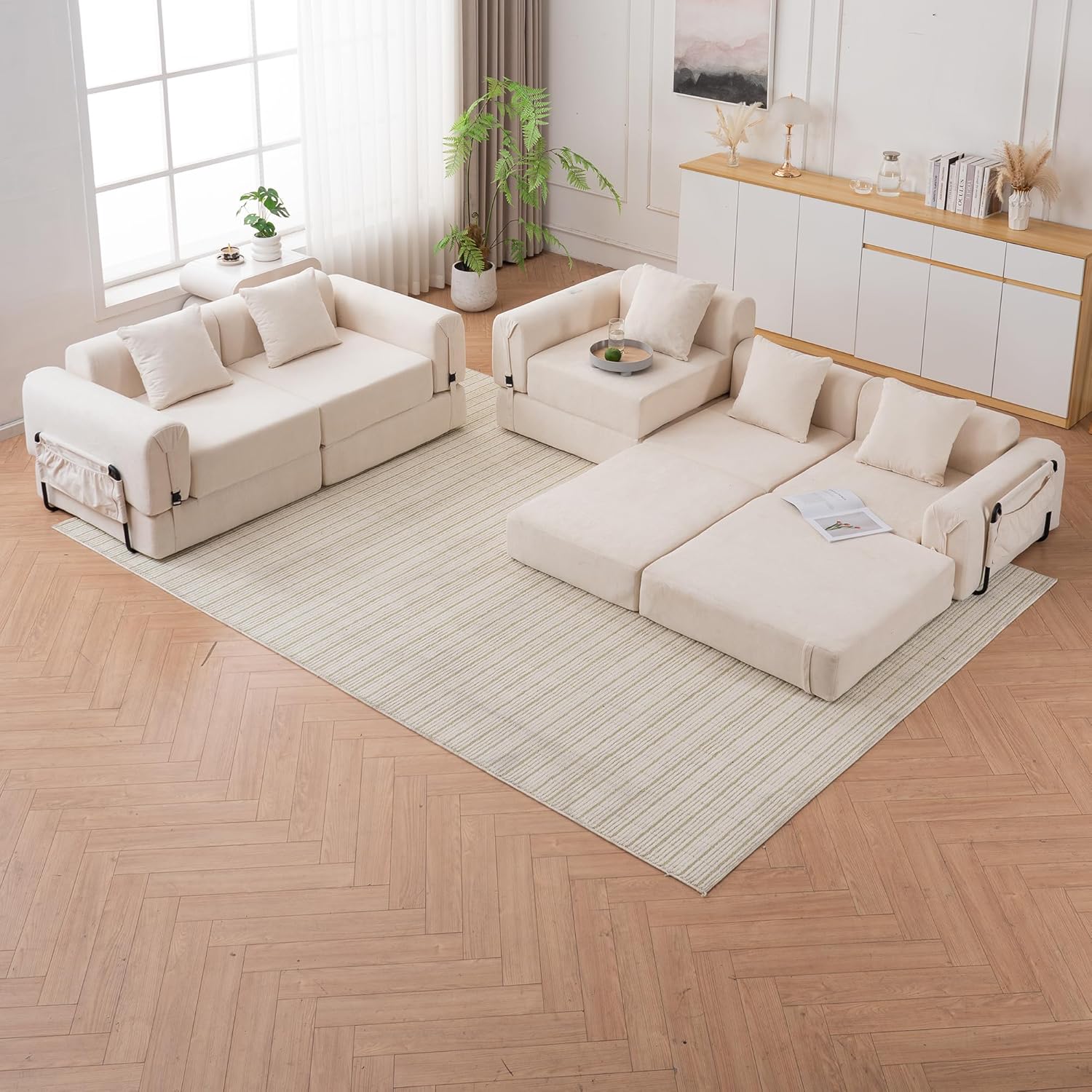 GNIXUU 71.3 Convertible Sleeper Sofa Bed, Modern Convertible Boneless Couch with Foldable/Pull Out Bed, Compressed Modular Futon Couch with Pillows & Storage Pocket for Living Room Bedroom, Beige