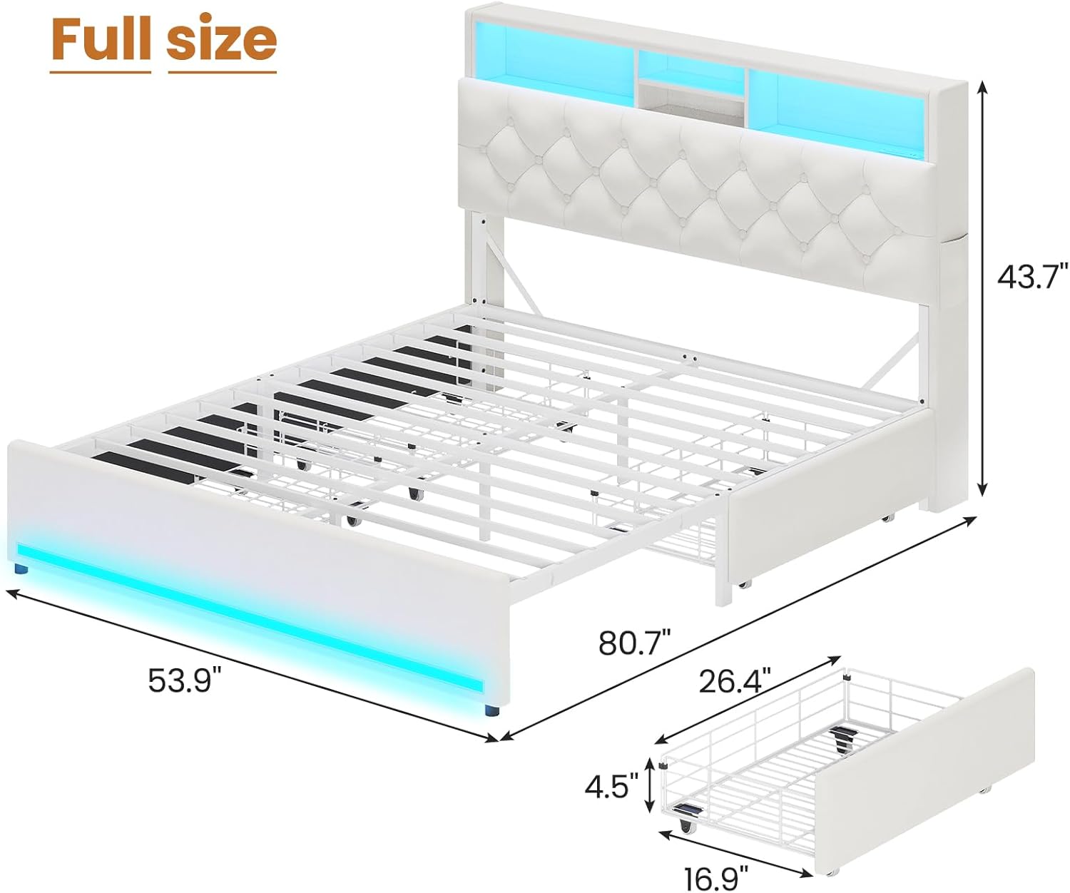 Full Size Bed Frame with Bookcase Headboard,LED Bed Frame with Charging Station, 4 Storage Drawer, Modern Velvet Upholstered Platform Bed with 5 Shelf, No Box Spring Needed, Creamy White