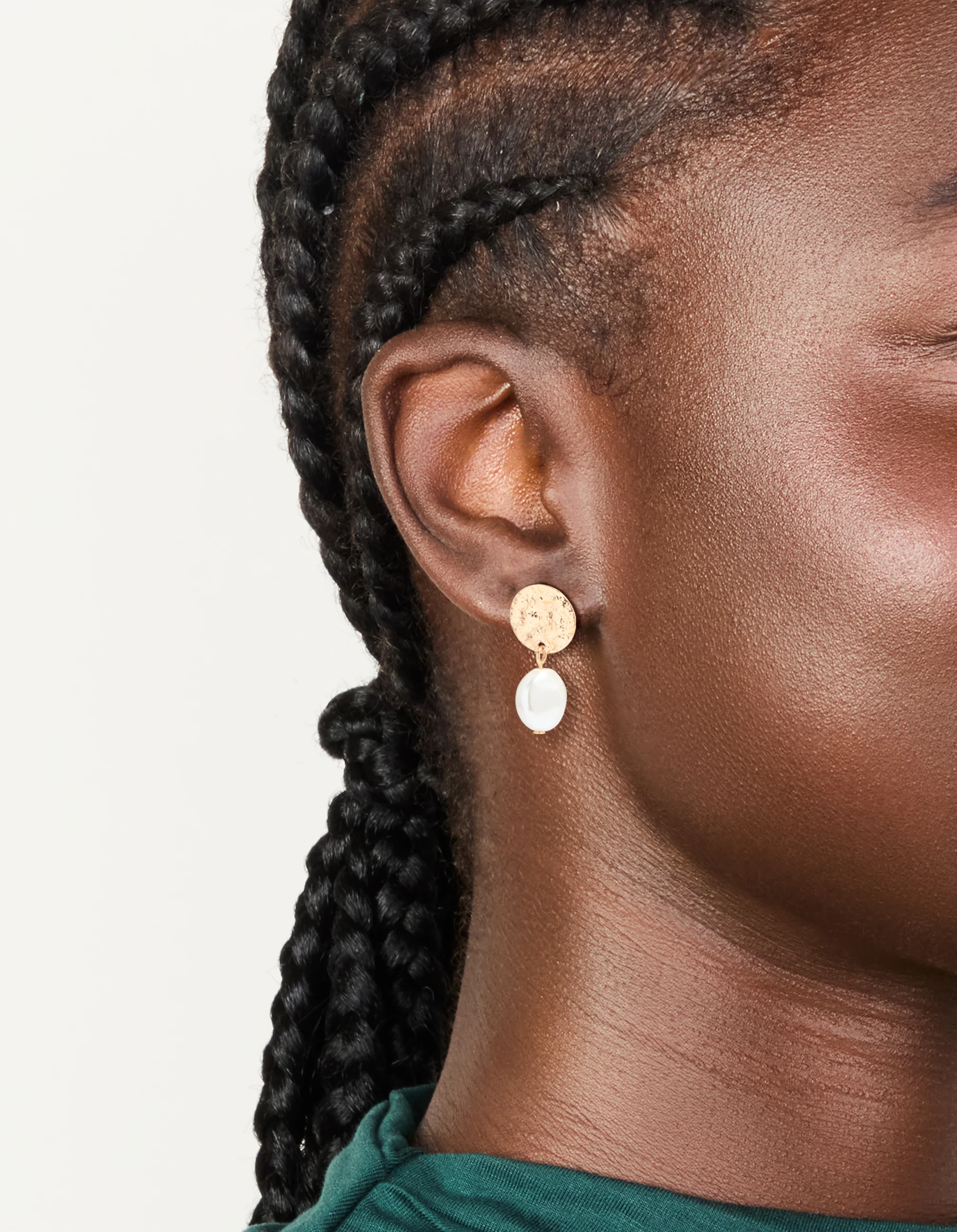 Gold Pearl Hammered Diac Drop Stud Earrings