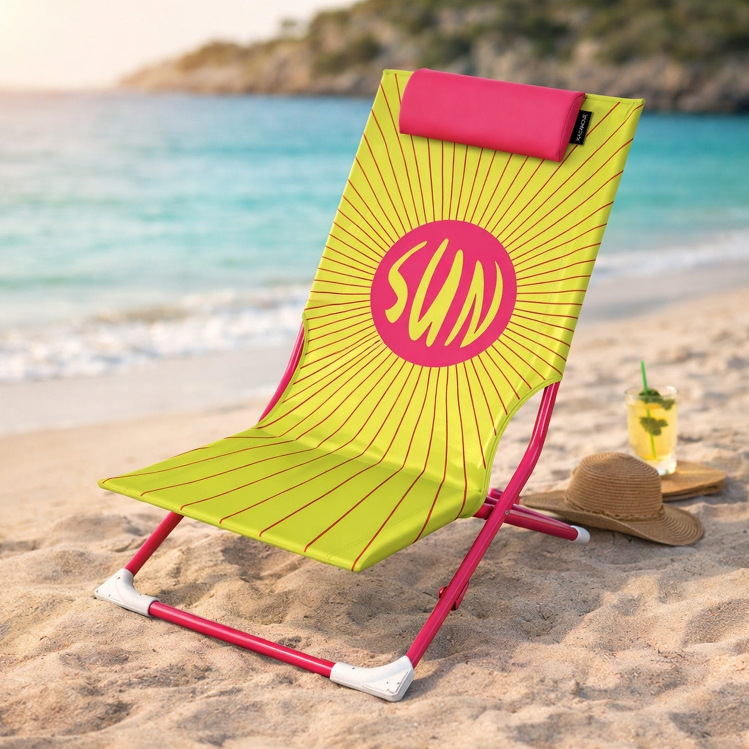 Spiaggina sedia pieghevole scritta Sun e poggiatesta
