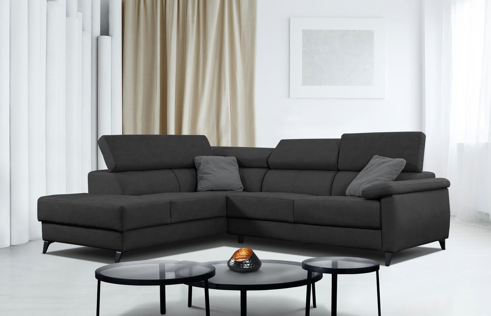 TAUNUS - Canapé d'angle gauche 5 places noir