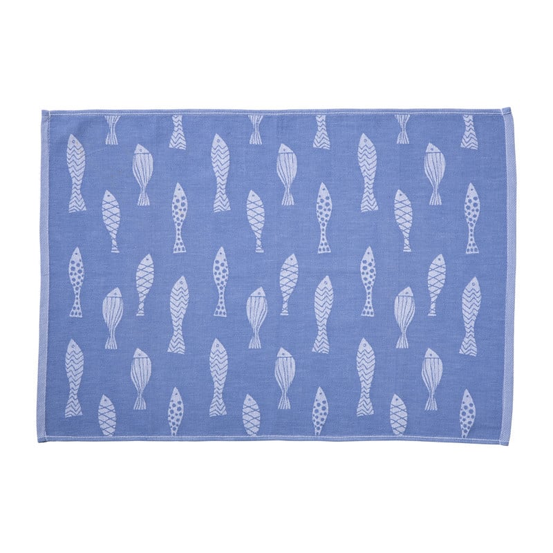 Theedoek vissen - blauw/wit - 50x70 cm