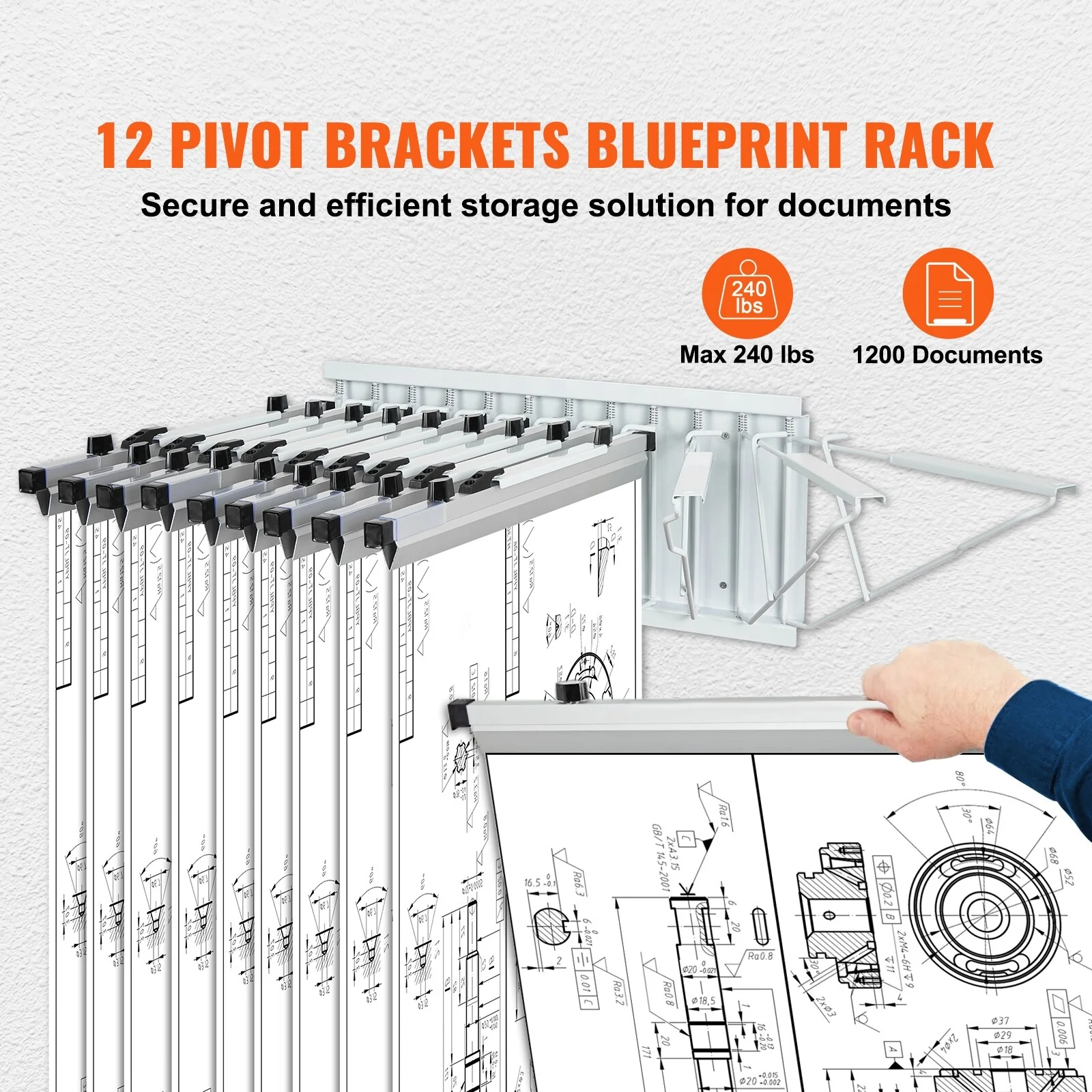 Wall Mount Blueprint Storage Rack - Holds up to 1200 Blueprints, Hanging Blueprint Holder with 12 Pivot Brackets