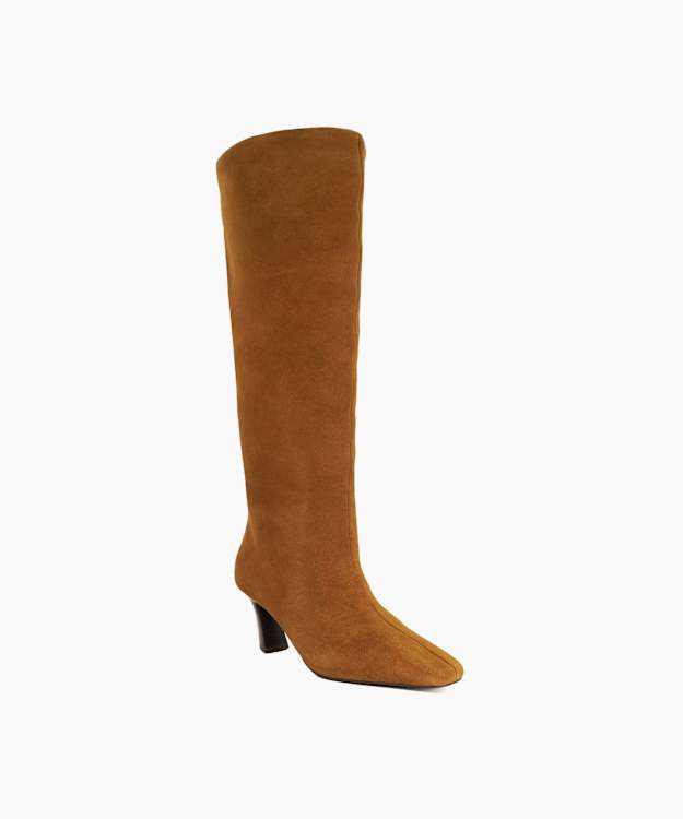 Selinni Dark Tan - Suede Flared Heel Knee High Boots