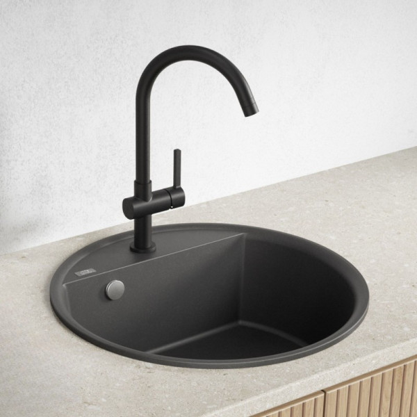 Zlewozmywak granitowy okrągły czarny Muna 1-komorowy 510x510 mm syfon