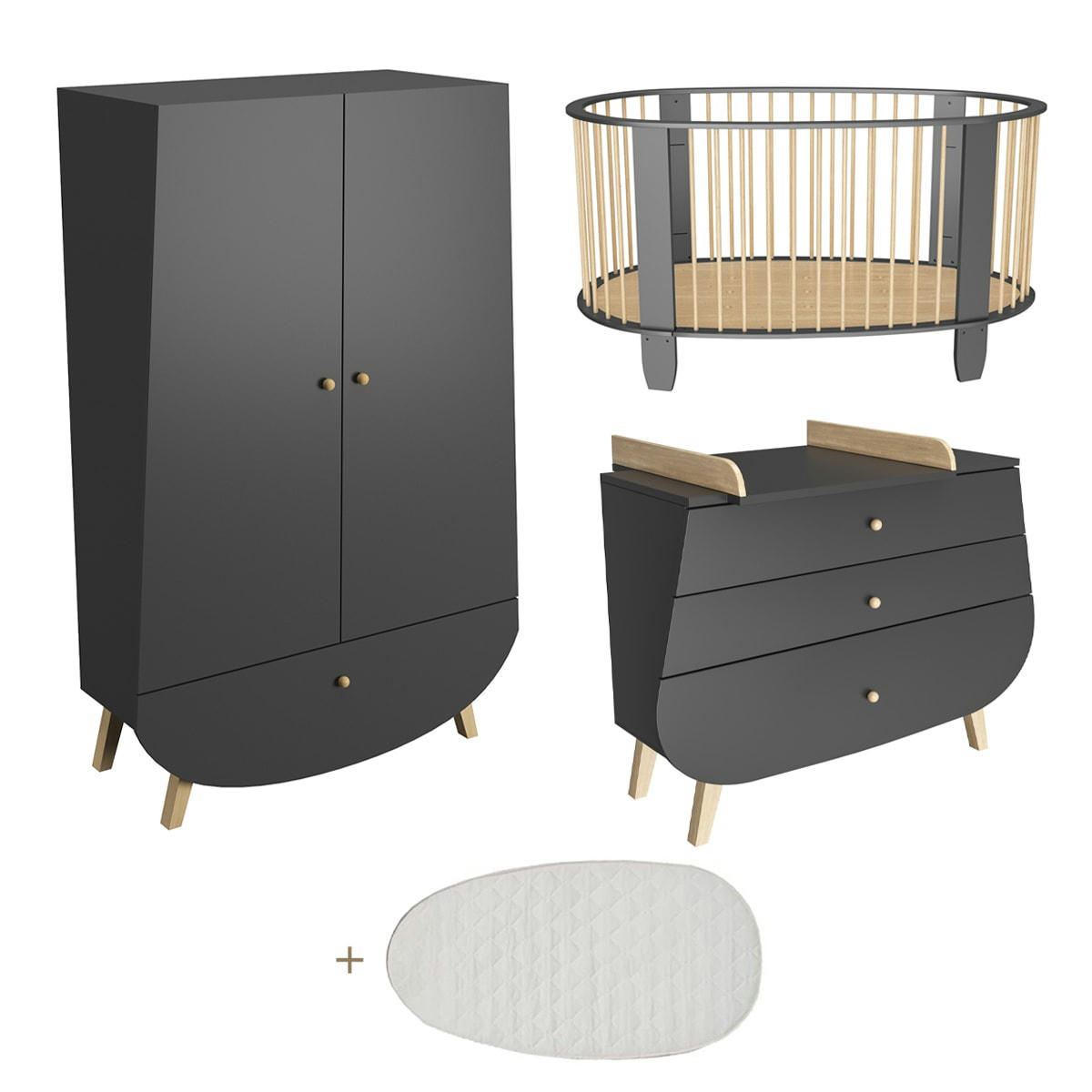 TRIO - COCON - Chambre bébé : Trio - lit bébé 60x120 commode armoire gris anthracite