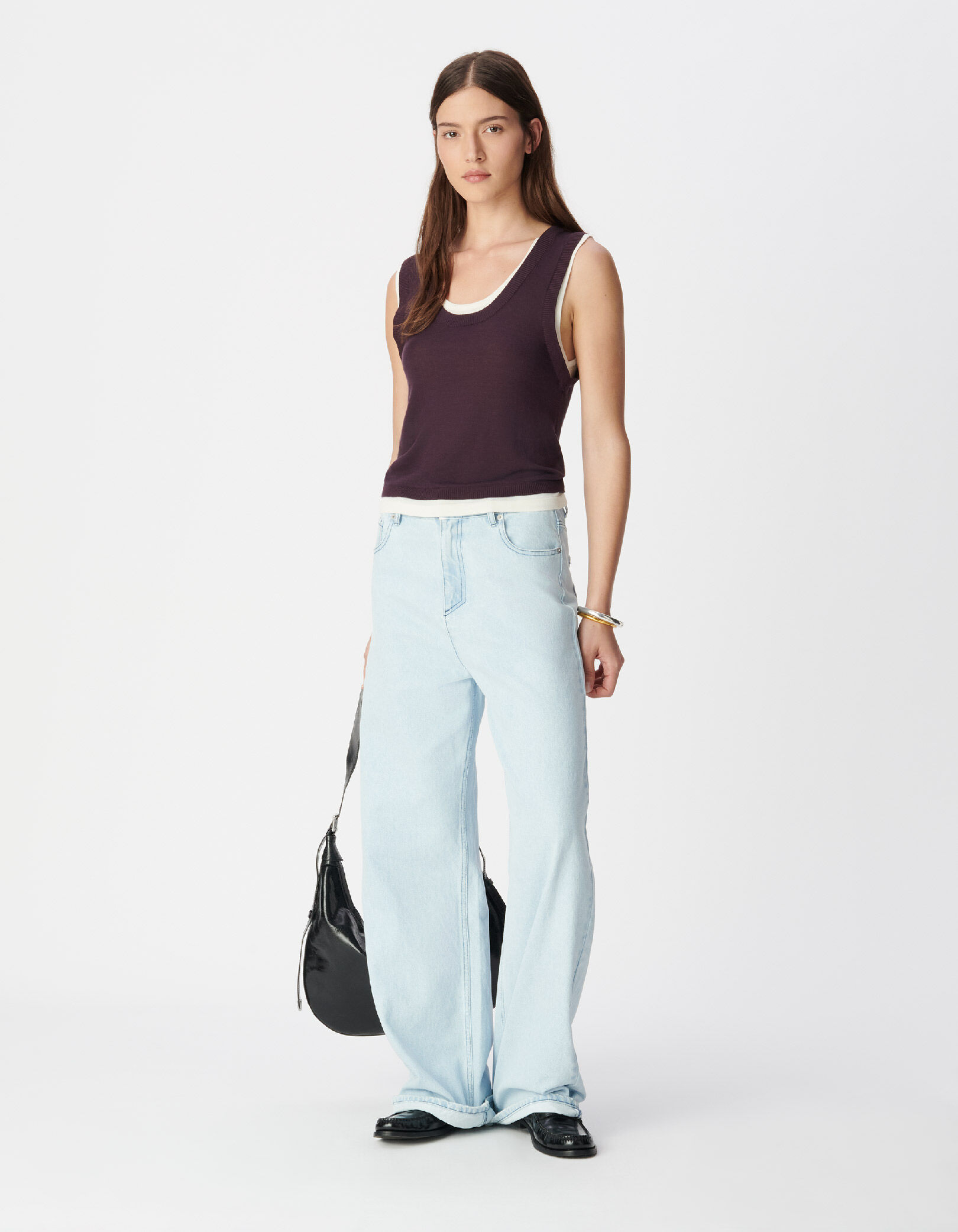 Pull sans manches bordeaux tricot trompe-l'oeil Femme