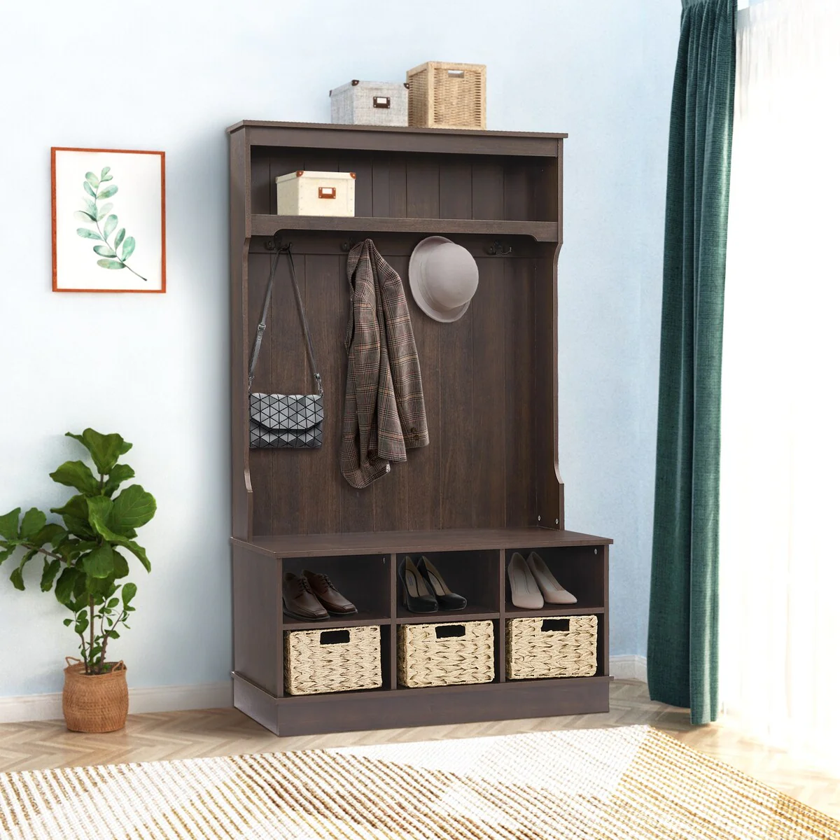 3 In 1 Entryway Hall Tree with Storage Baskets and Coat Racks 4 Hooks for Entrance, Hallway, Walnut