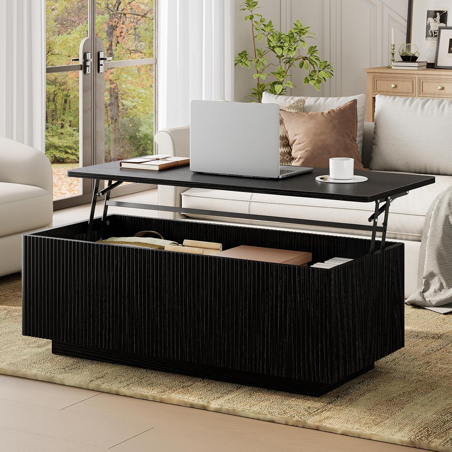 FABATO Mid Century Modern Coffee Table, Wooden Fluted Center Table with Large Hidden Compartment, 41.7” Rectangle with Round Corners, Lift Up Farmhouse Wood Table for Living Room, Home Office, Black
