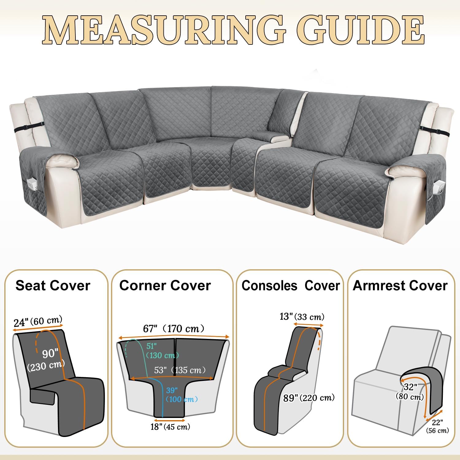 HDCAXKJ 100% Waterproof Velvet Recliner Sectional Couch Covers L Shaped Corner Reclining Sofa Cover Washable Thick Non Slip Sectional Slipcover with Pockets (5 Seat and 1 Middle Console, Grey)