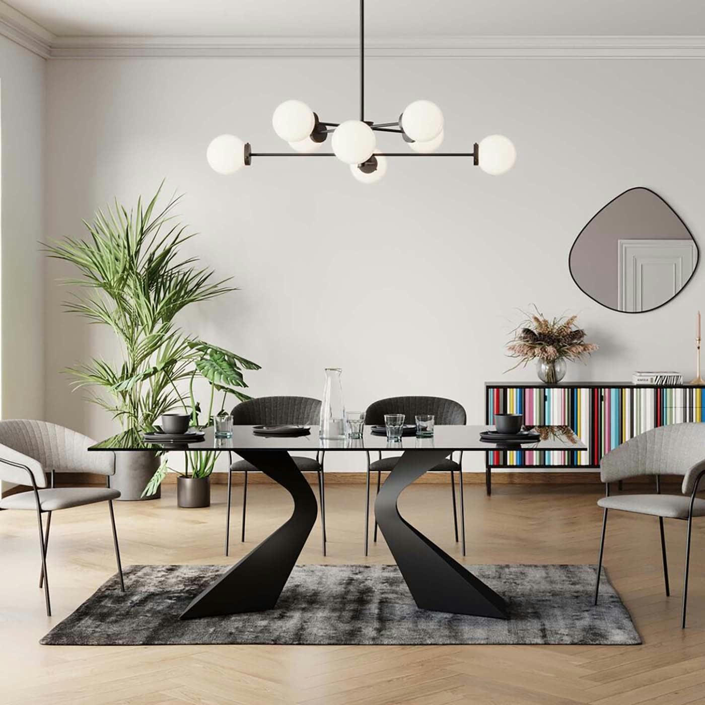 GLORIA - Table à manger 8 personnes en verre et acier noir L200