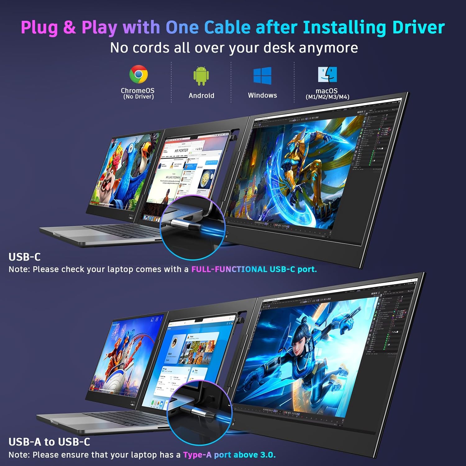 QQH Laptop Screen Extender  15.6 Triple Portable Monitor with Ultra-Slim FHD IPS Display  One Cable USB-C Monitor Extender Compatible with MacOS  Windows  Android for 12-16 Laptop (Driver Need)