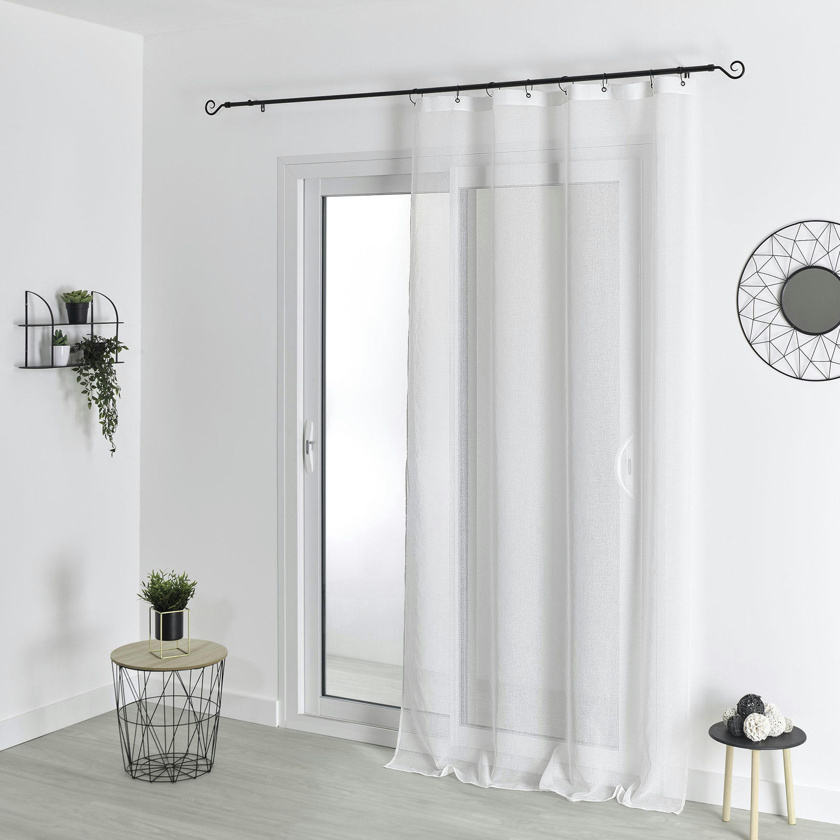 - Voilage à anneaux noirs amovibles polyester blanc 240x240 cm