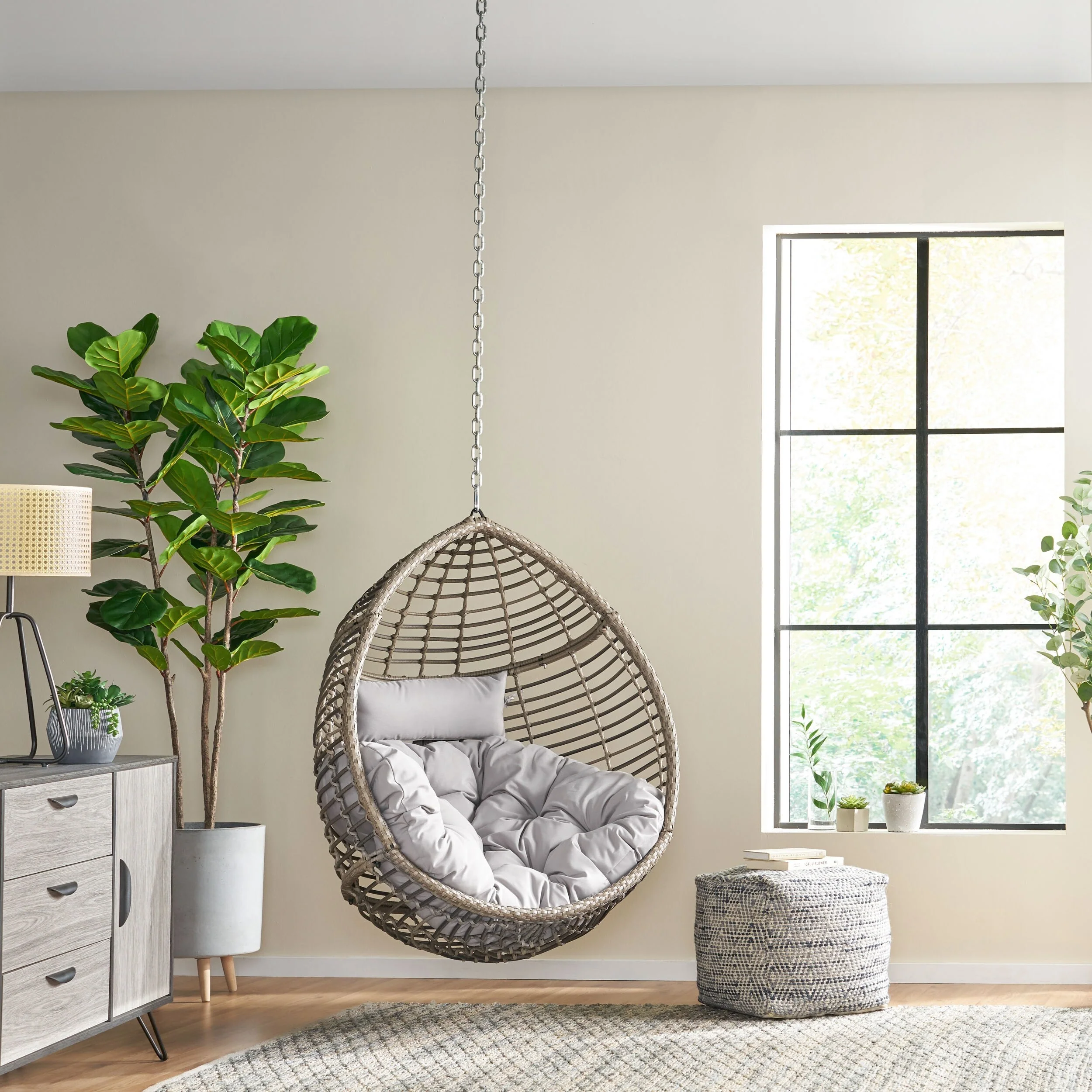 Modern Rattan Egg Chair with Water-Resistant Tufted Cushion, Teardrop Hanging Basket Chair, Wicker Swing Chair