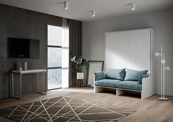 Lit double escamotable Kentaro 160 cm avec canapé en frêne blanc, bleu clair