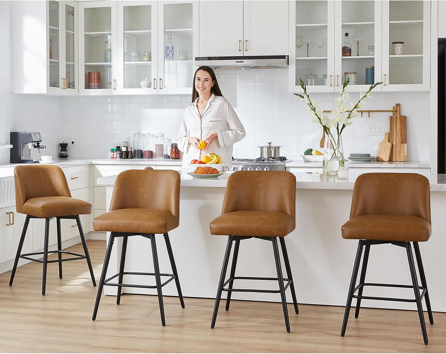 Counter Height Bar Stools Set of 4,360° Swivel Faux Leather Barstools with High Back 26 H Seat Height (Faux Leather-Saddle Brown, 4 Pieces - 26 Counter Height)