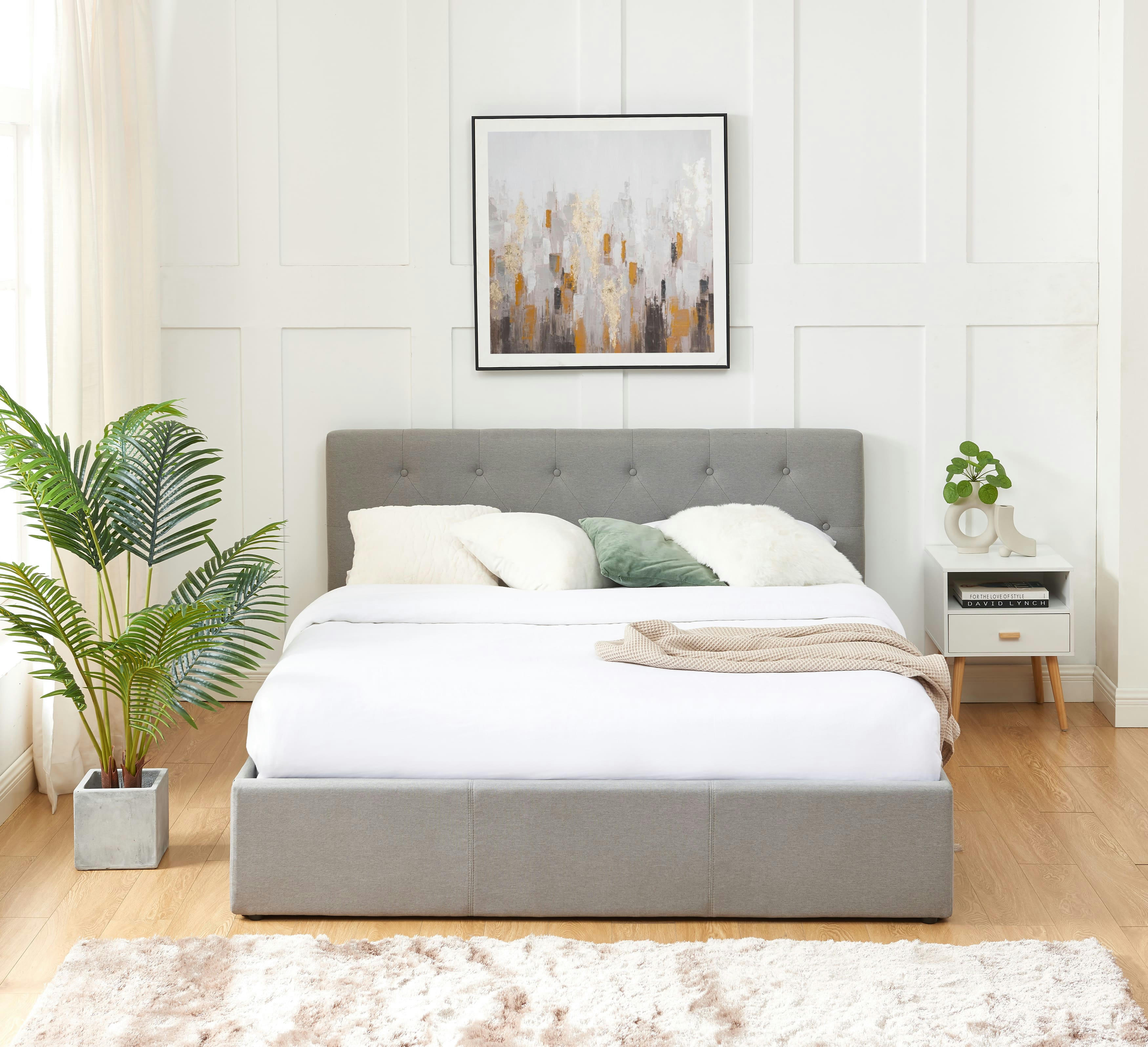 BAHIA - Lit coffre  tissu gris 160x200 sommier inclus