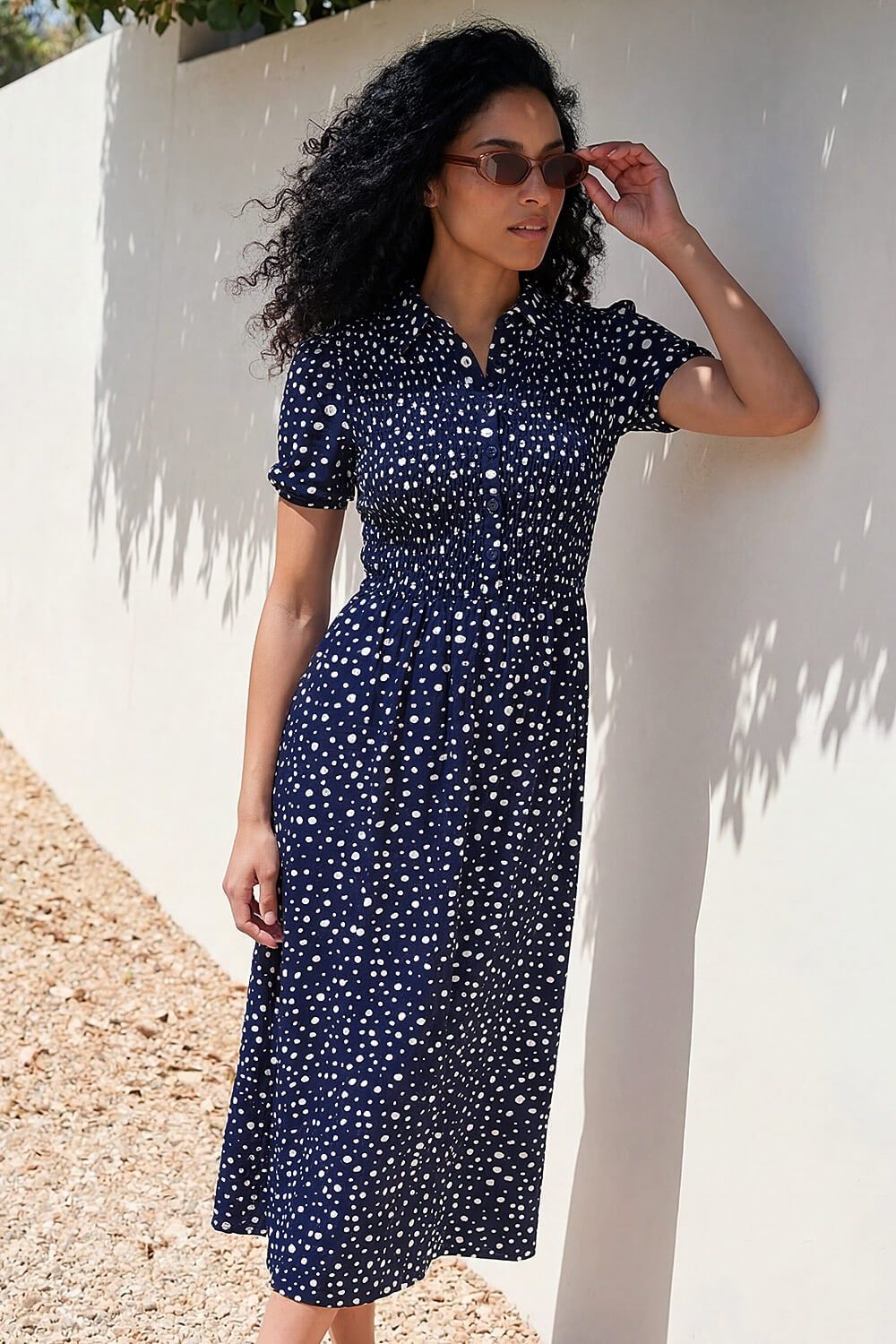 Roman Spot Shirred Midi Dress