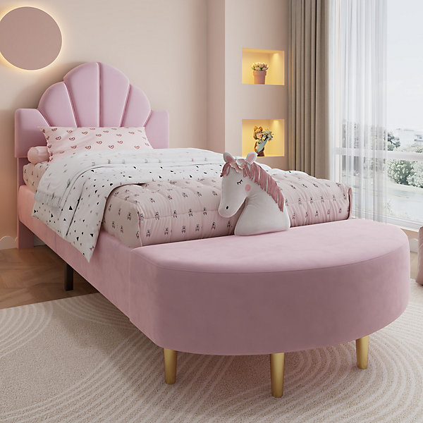 Lit Simple Enfant 90x200 cm, Tête de Lit Velours, Banc de Bout de Lit, Mousse Anti-Chocs, Contreplaqué, Sans Matelas, Rose