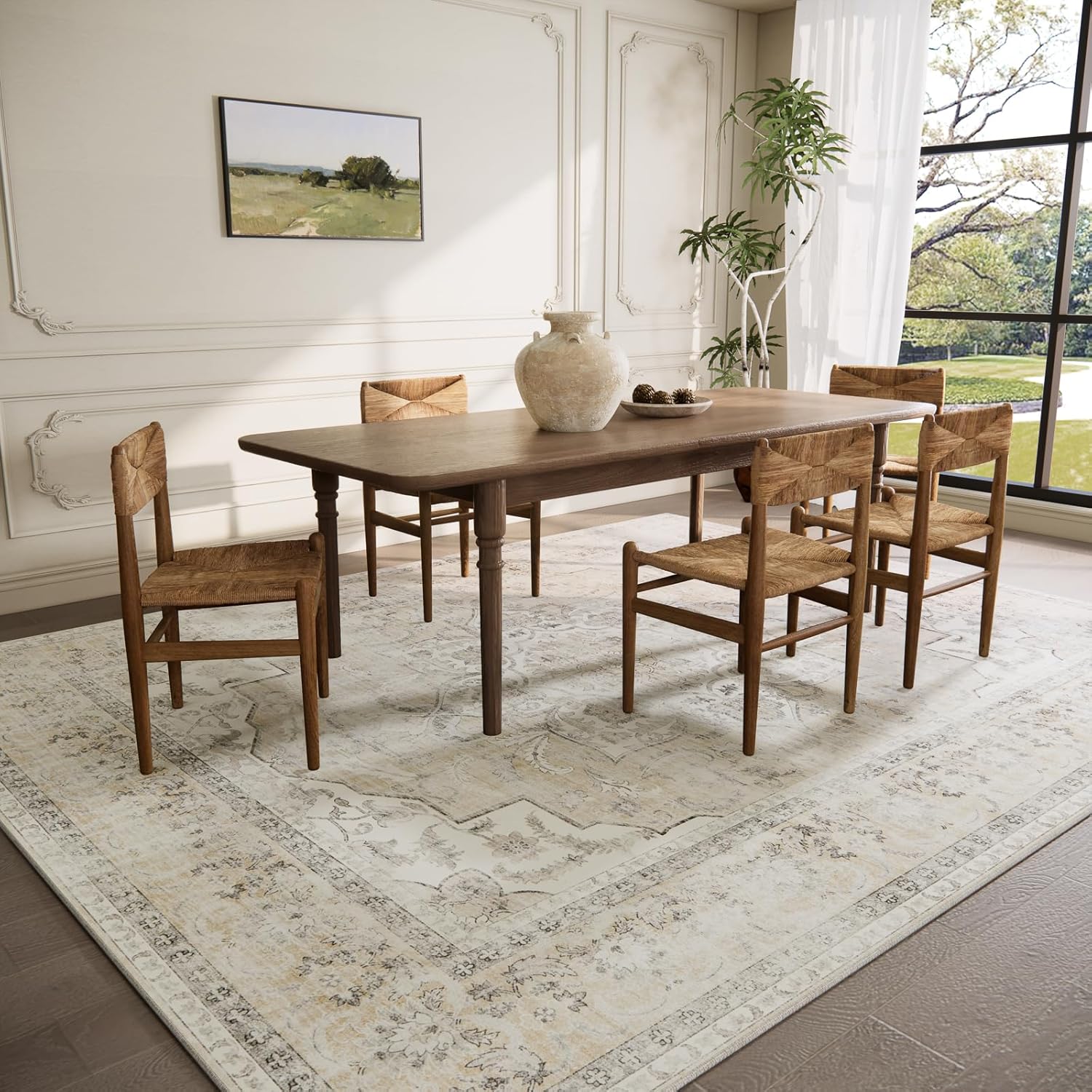 Area Rugs 9x12 Living Room: Washable Rugs for Bedroom Stain Resistant Non Slip Distressed Vintage Large Boho Rug Low Pile Faux Wool Soft Carpets for Living Room Dining Room Farmhouse Playroom