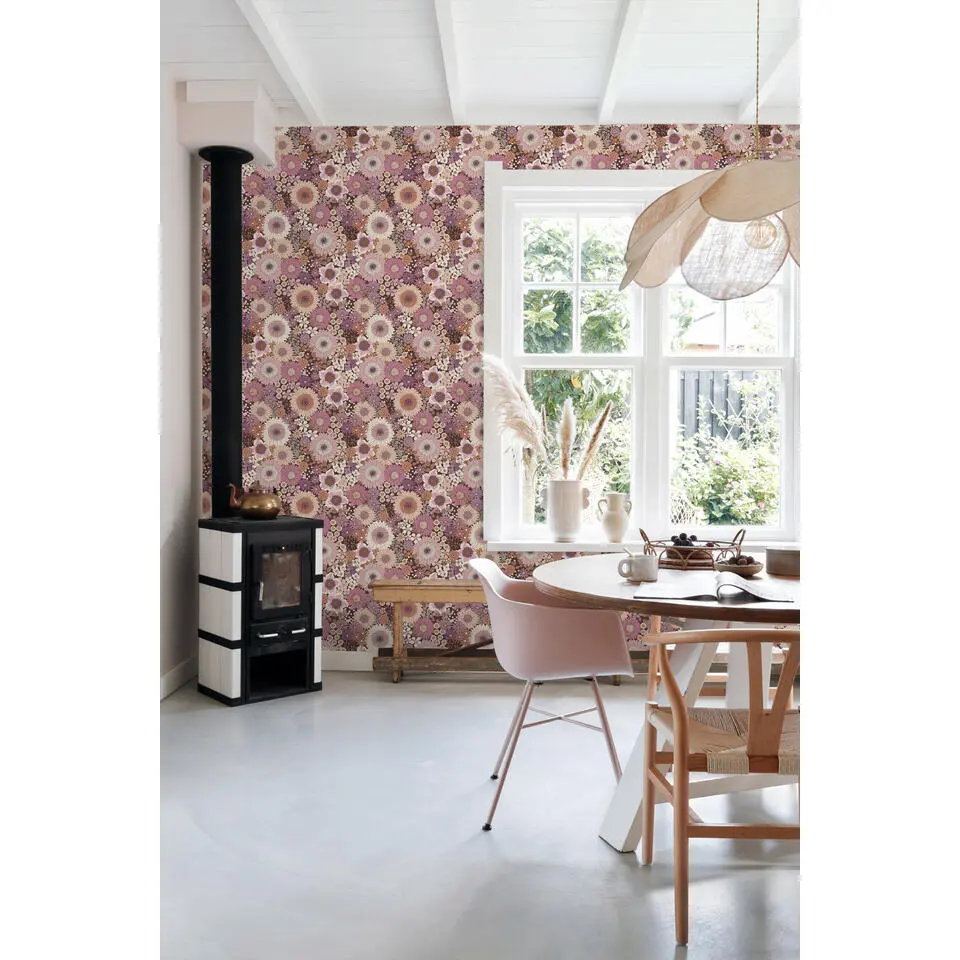 ESTAhome behang retro bloemen mauve paars en terracotta roze - 53 cm x 10.05 m