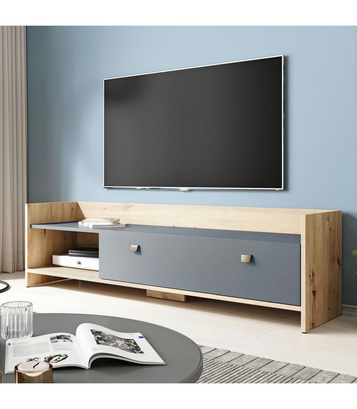 OPEN - Meuble TV 2 niches et porte rabattable effet bois - L140 x H37 cm