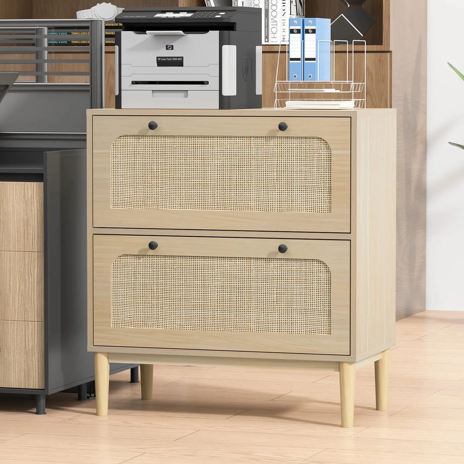 Anmytek Wood Rattan 2 Drawer Lateral File Cabinet with Adjustable Hanging Bar for Letter / A4 / Legal Size Files