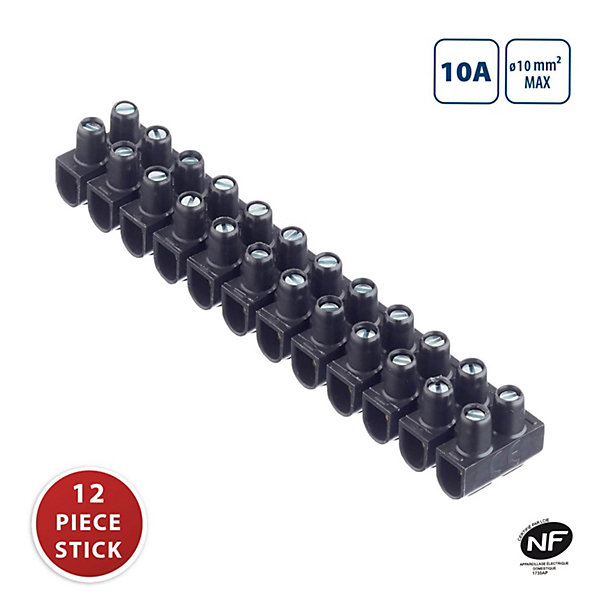 Borniers de raccordement en PP, TBS-10A-10mm2. Noir. Barrette de 12 borniers