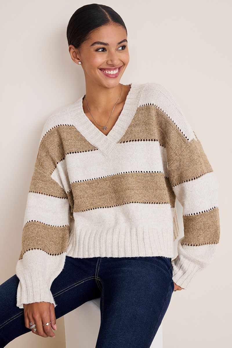 Cindy V Neck Striped Sweater