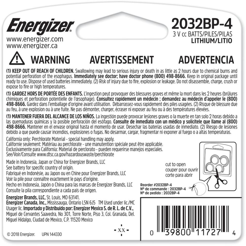Energizer 4-pk CR2032 3V / 3 Volt Lithium Coin Cell Batteries, Long Lasting