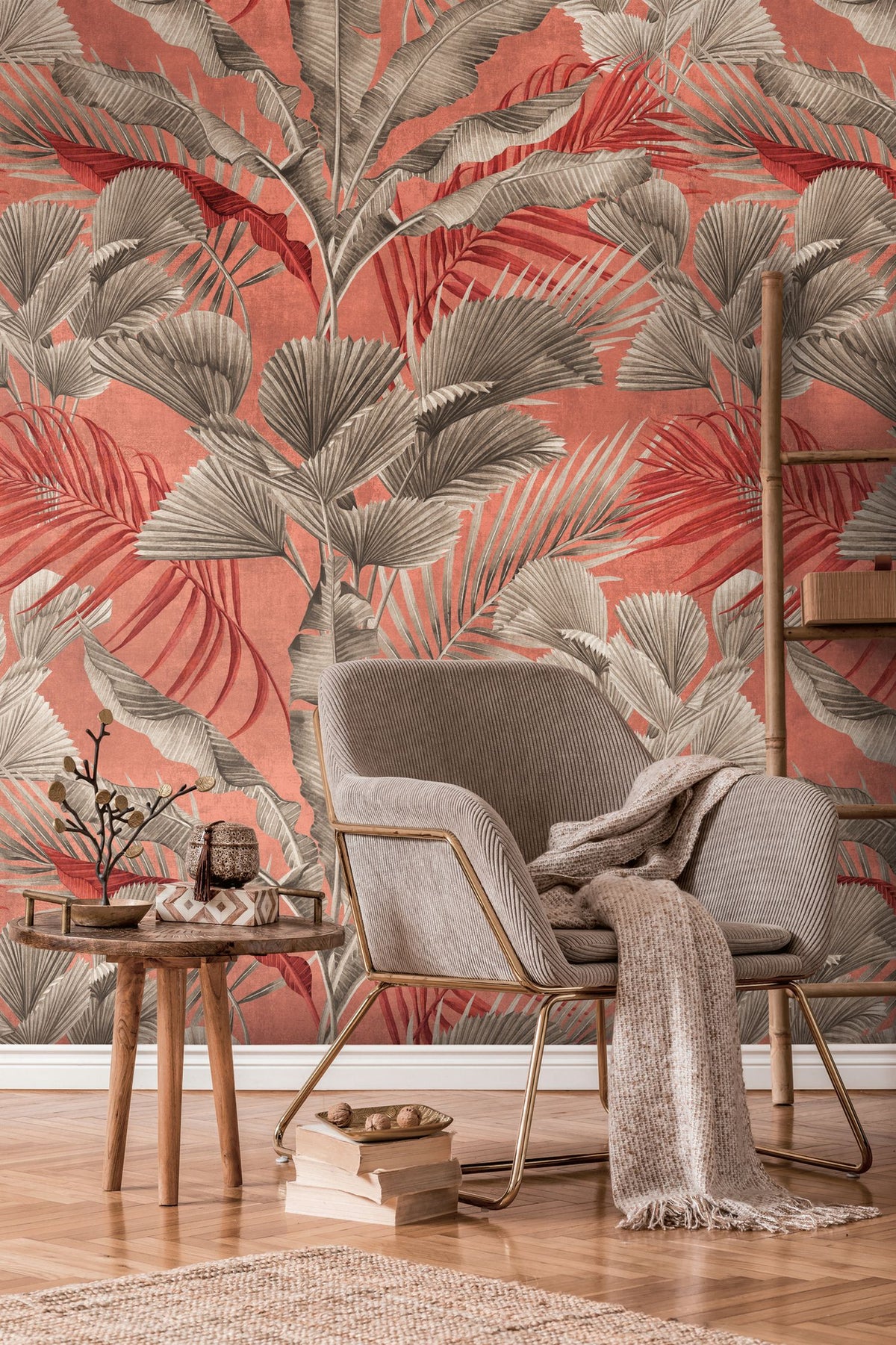 Livingwalls fotobehang jungle-motief roze, rood, grijs en beige - 159 x 280 cm - AS-391854