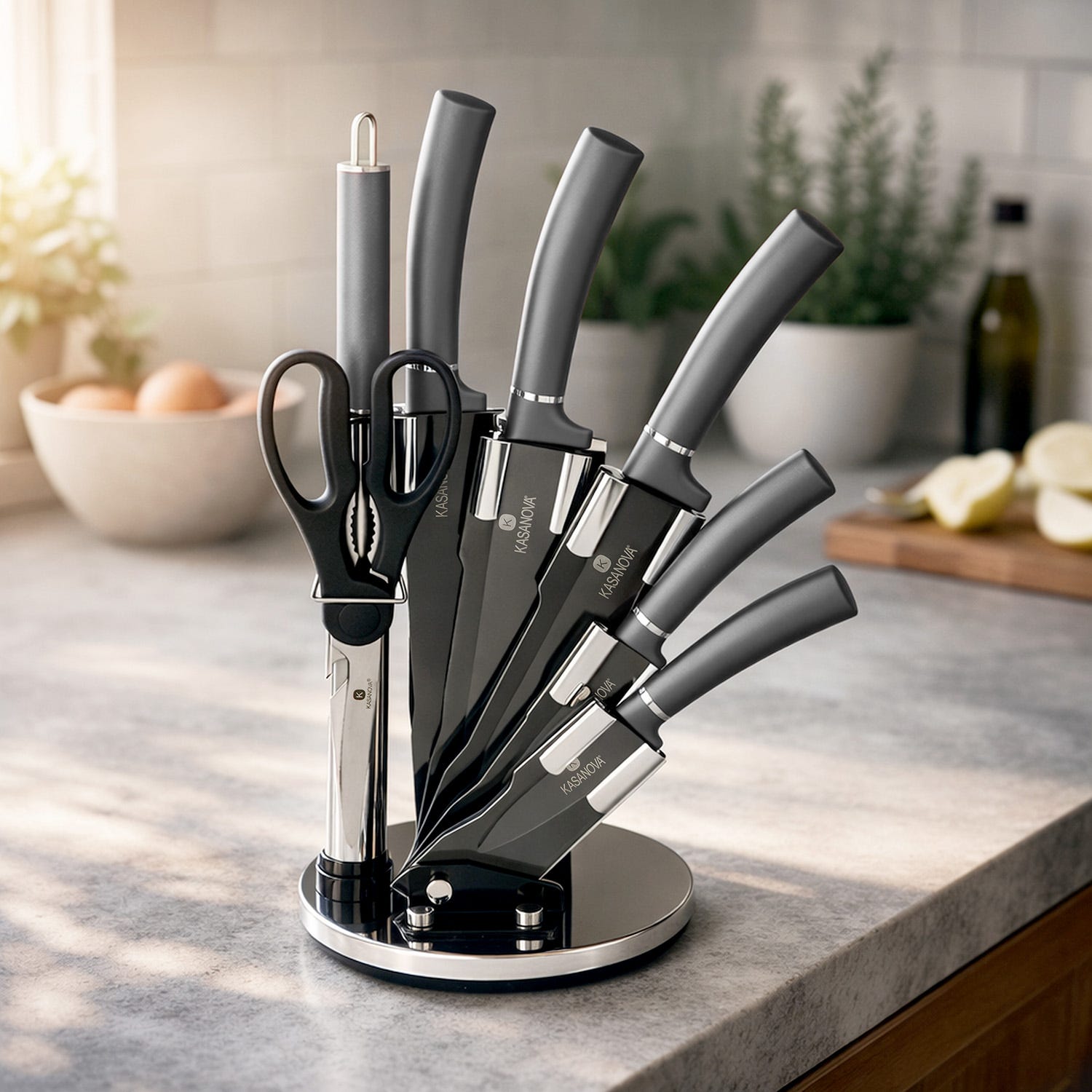 Set 5 coltelli grigi con forbici, affilacoltelli e stand
