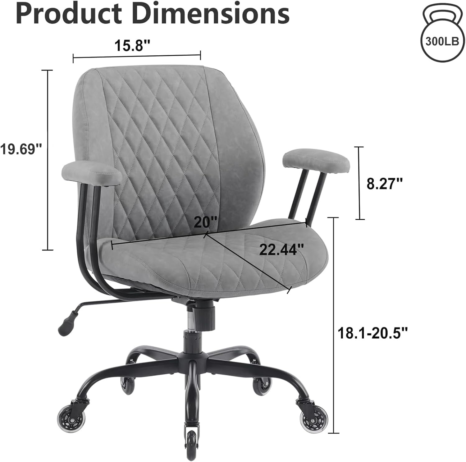 YFO Modern Ergonomic Office Desk Chair, Grey Leather with Lumbar Support, Adjustable Height, Swivel, Armrests, for Office, Gaming, Reading, Relaxing