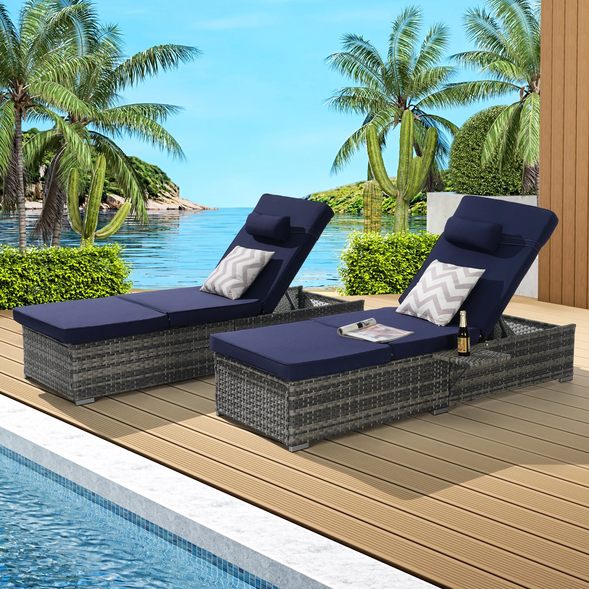 Rattan Outdoor Sunbathing Chair Set of 2 with Cushion & Side Table, Tanning Lounges with Adjustable Backrest