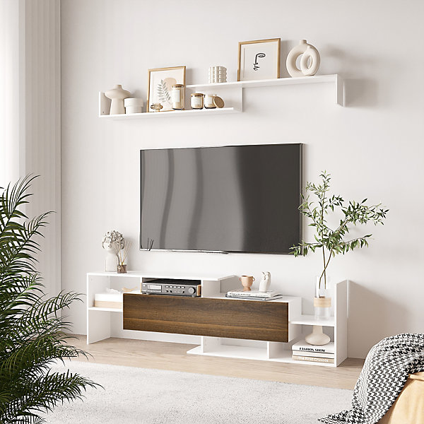 Ensemble meuble TV avec étagère murale style contemporain aspect bois noyer blanc