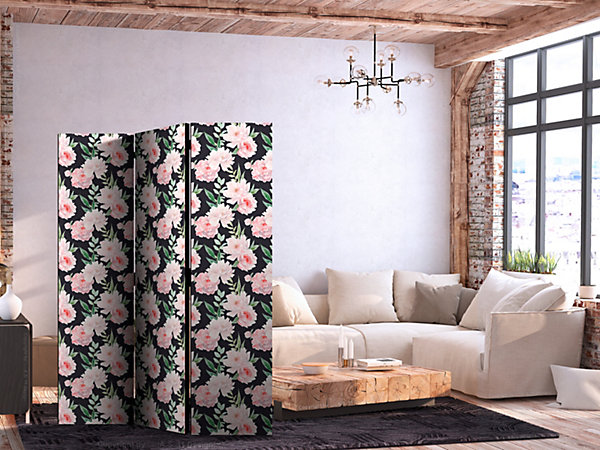 Paravent -Fleurs Roses et Feuilles VertesGraphite