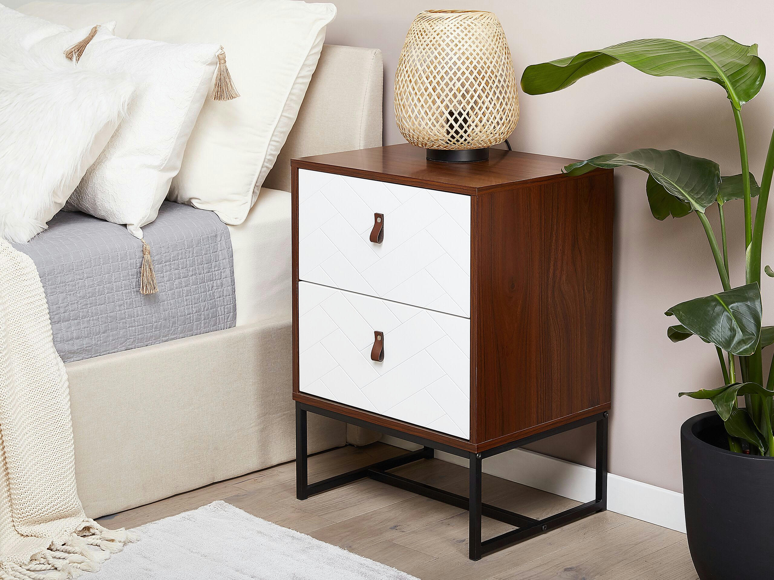 NUEVA - Table de chevet effet bois foncé et blanche 2 tiroirs