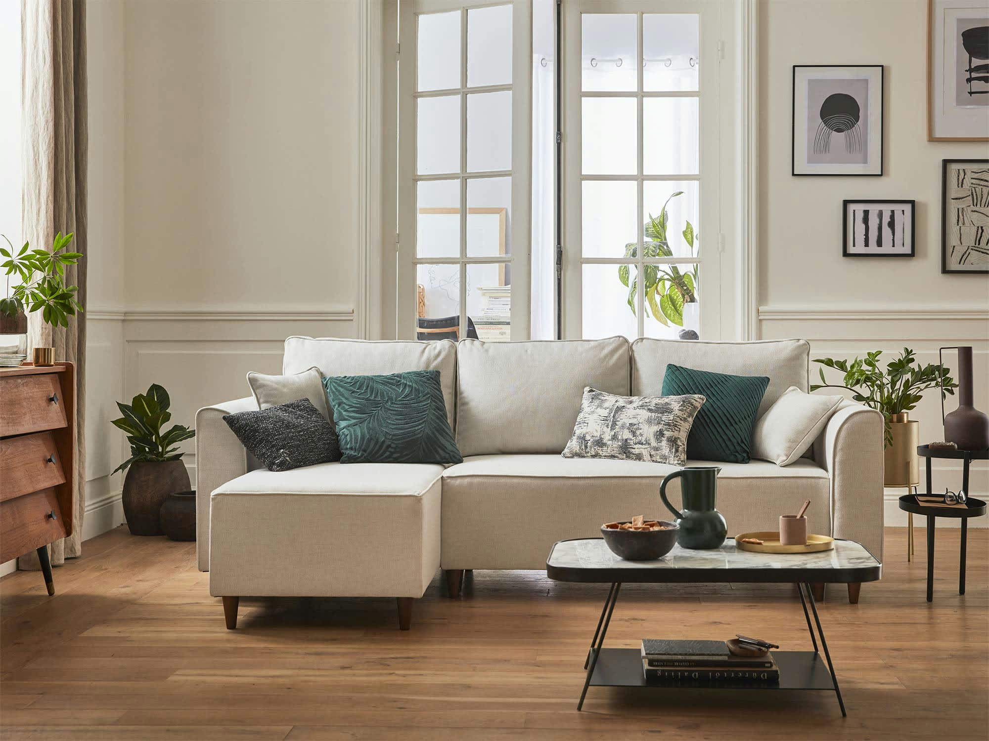 SAPHIR - Canapé d'angle réversible convertible 4 places en tissu beige