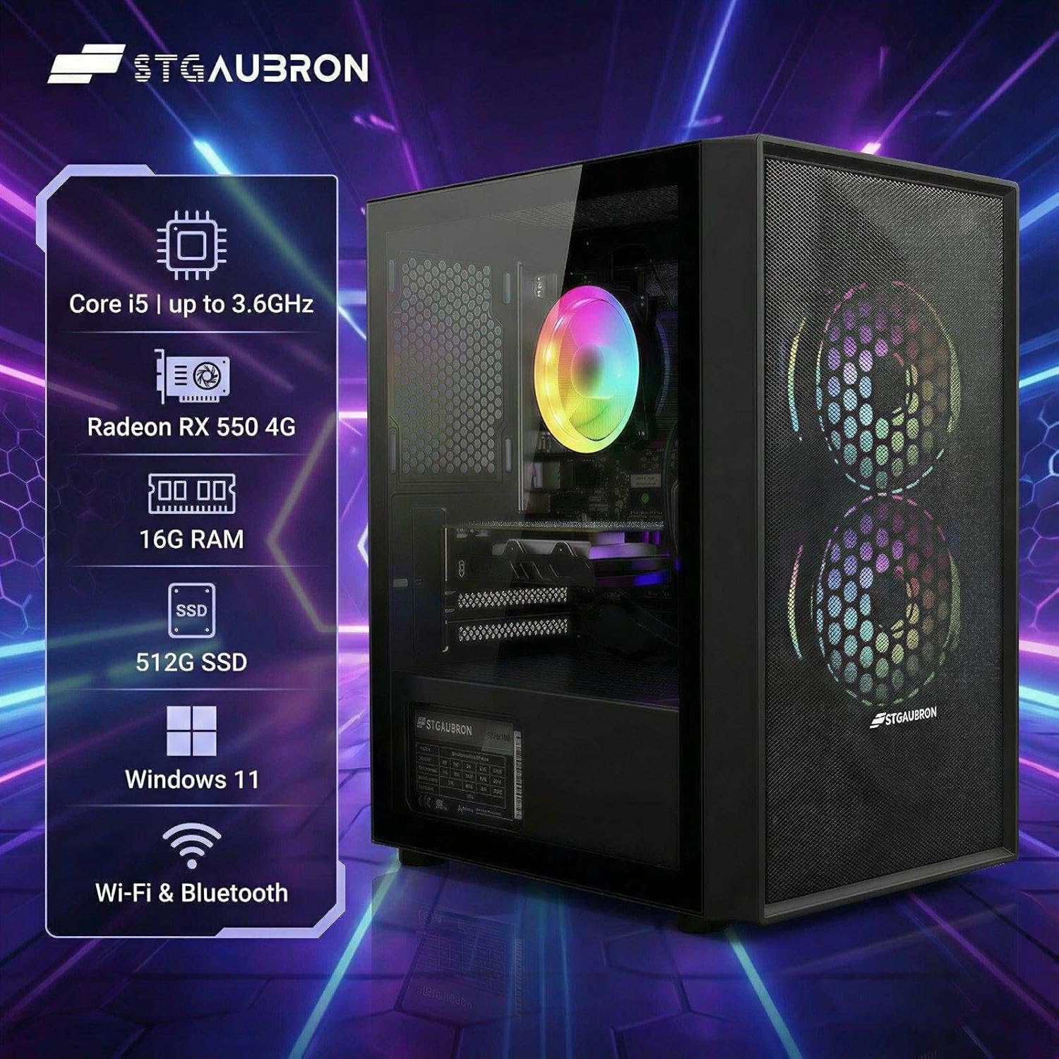 STGAubron Prebuilt Gaming PC Desktop  Radeon RX 550 4G  Intel Core i5 up to 3.6GHz  16G RAM  512G SSD  WiFi 6  BT 5.0  RGB Fan x2  Windows 11 Home