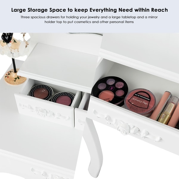 Vanity Table Mirror Modern Dressing Desk with Drawers Cushioned Stool