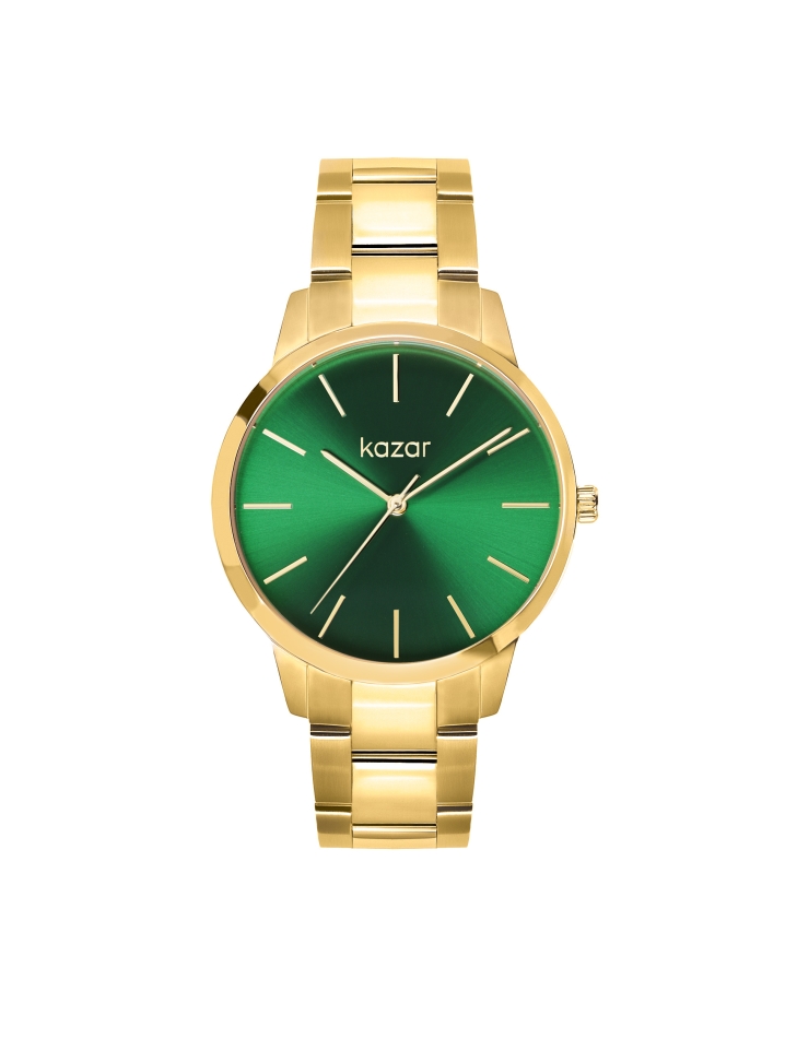 Gold bracelet watch with green dial