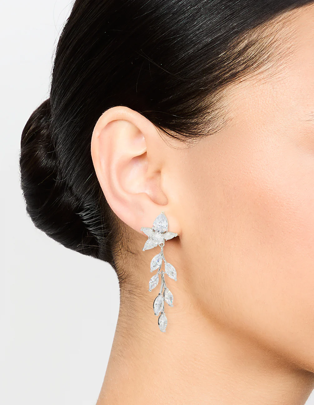 Silver Cubic Zirconia Leaf Flower Drop Earrings