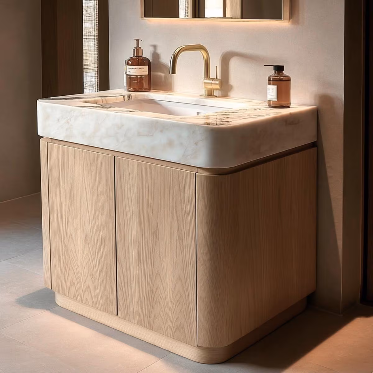 Curved Oak Bathroom Vanity | Freestanding Sink Cabinet | Mid-Century Modern Stael | Custom 30–90”