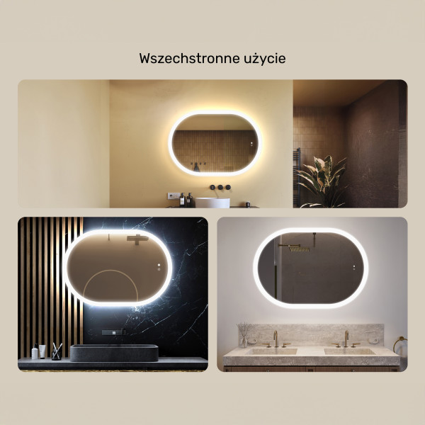 Lustro łazienkowe LED 100x70cm - owalne - LED Dual, włącznik, mata grzewcza