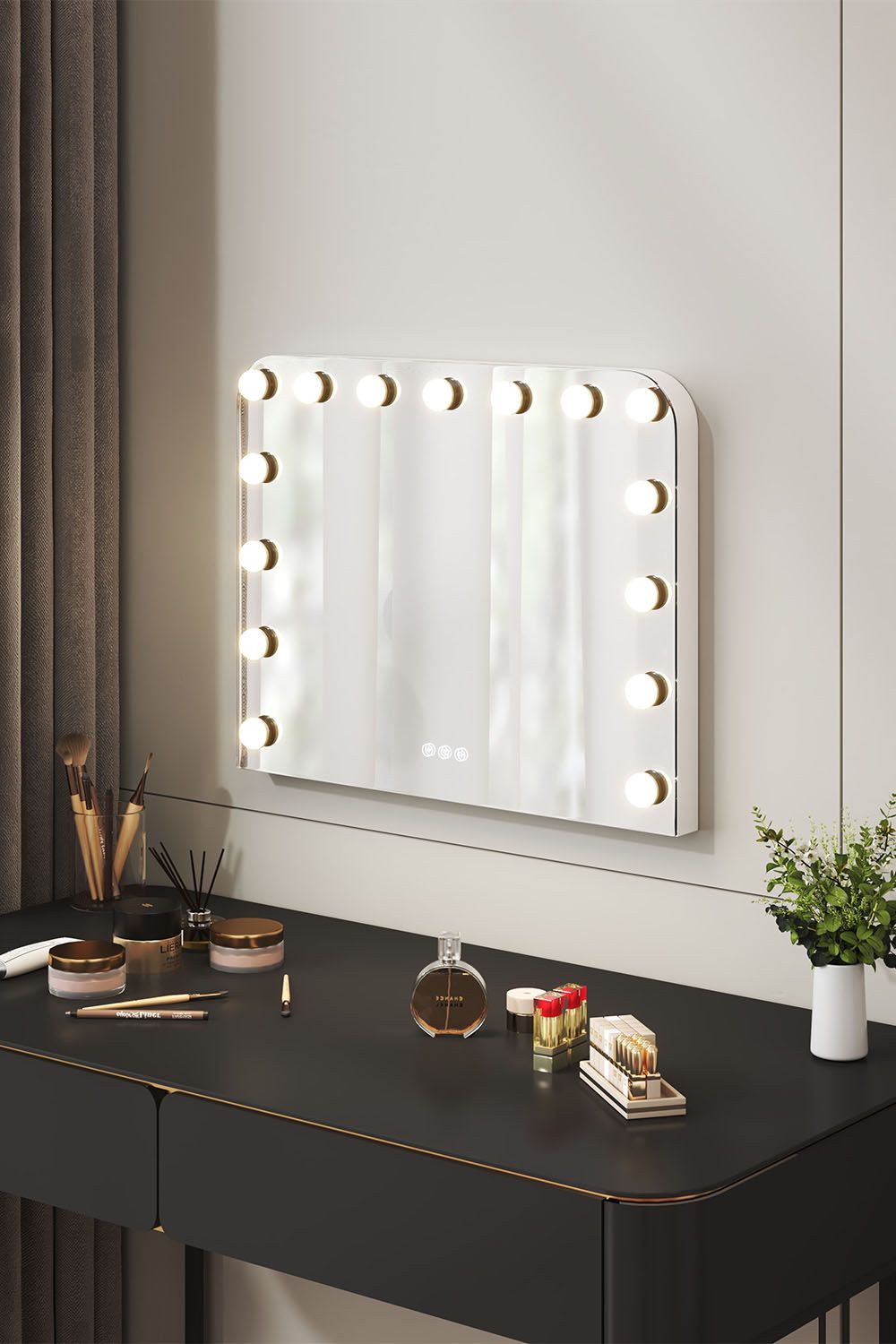 H&O Direct Rounded Rectangle LED Light Makeup Mirror with Three-Color Dimmable Light