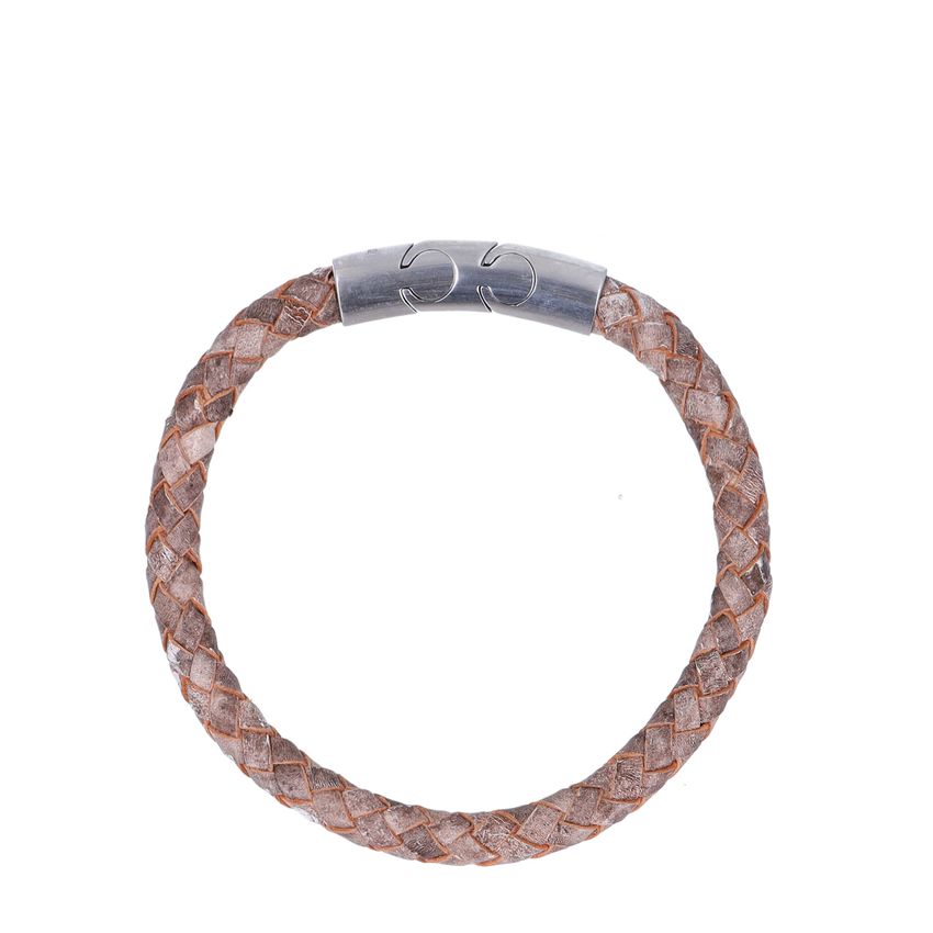 Manfield Zandkleurige leren gevlochten heren armband