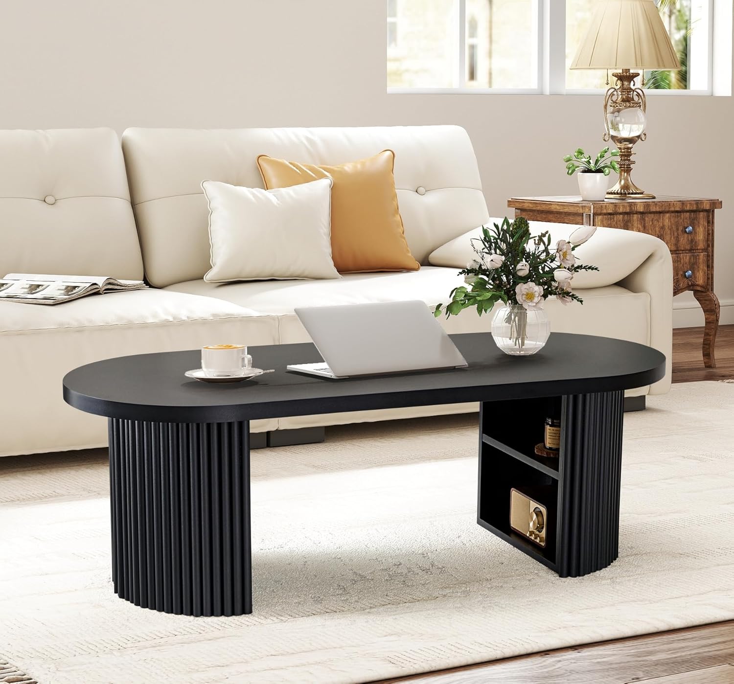 Oval Fluted Coffee Table, 47 Farmhouse Wood Coffee Table Mid Century Modern Center Table Boho Living Room Tables for Living Room Office,Black